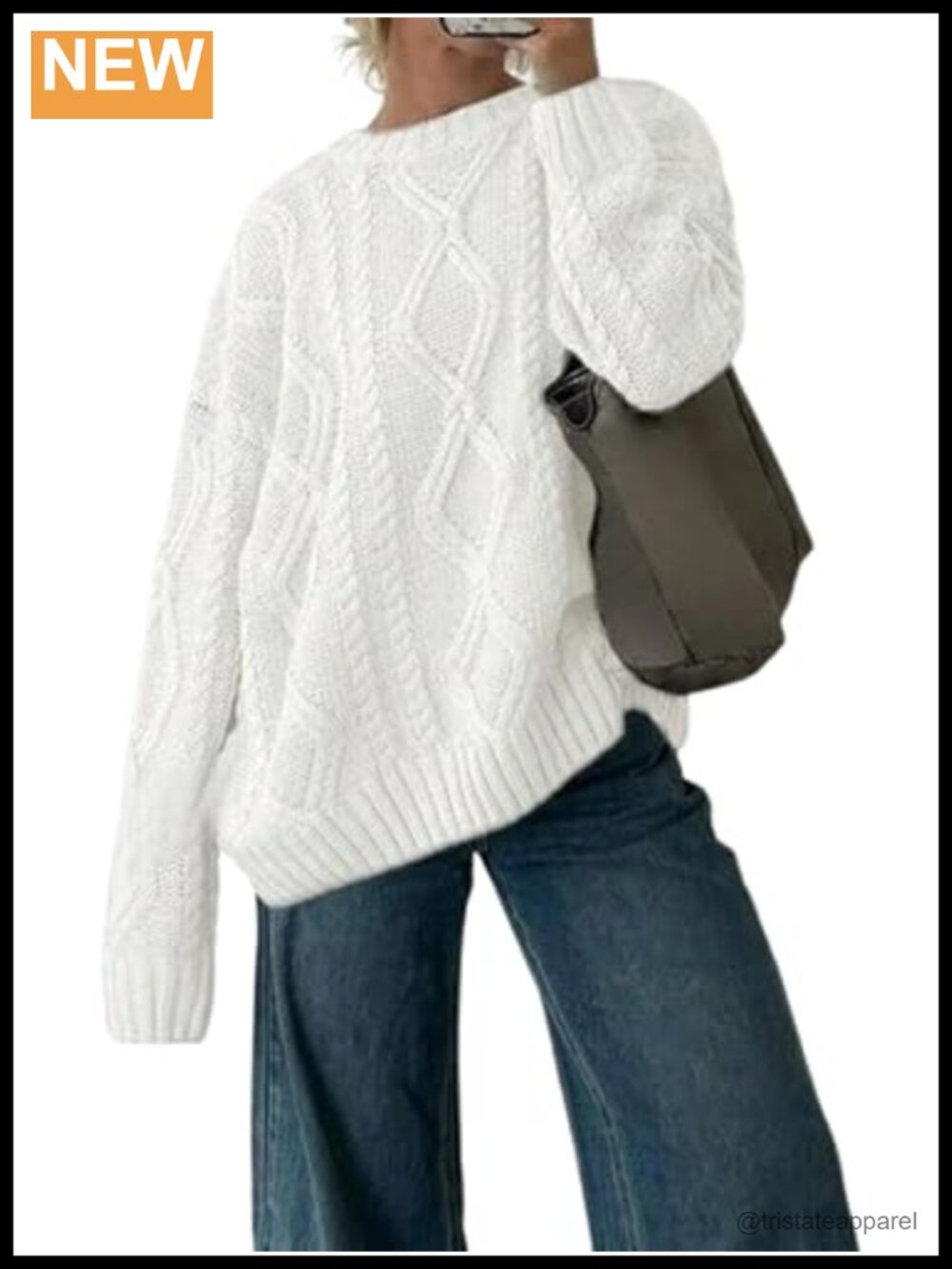 Cable Knit Sweater Women Crew Neck Pullover Long Sleeve Jumper Loose Fit